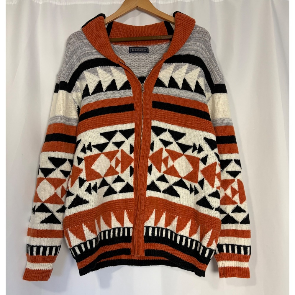 Sinransinya Mens Geometric Southwestern Full Zip Cardigan Sweater Orange Black S